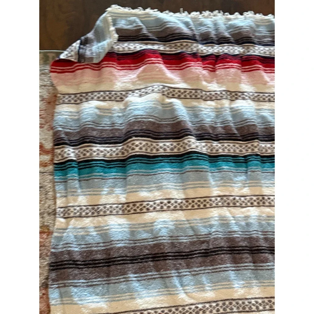 Mexican Falsa Blanket Woven Striped Yoga Beach Throw Blue Red White 42in Width
